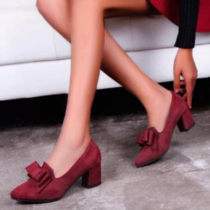 Veooy Suede Block Heel Pumps Bowknot Round Toe..