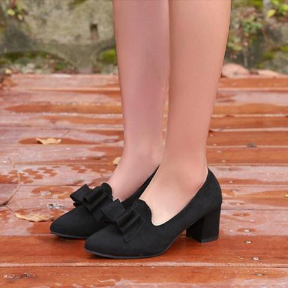 Veooy Suede Block Heel Pumps Bowknot Round Toe..