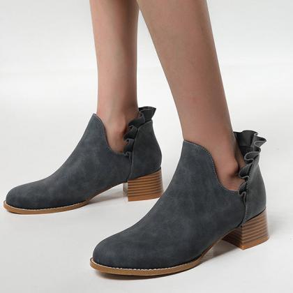 Veooy Cutout Slip On Ankle Boots Ruffle Chunky..