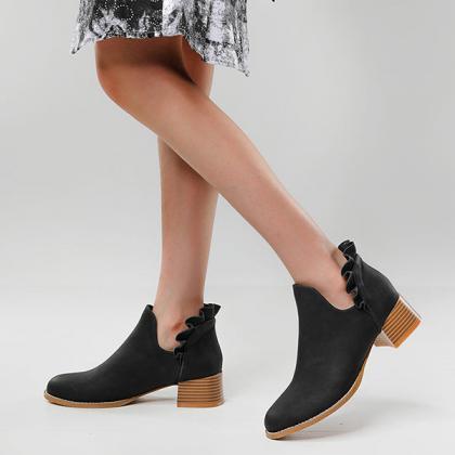 Veooy Cutout Slip On Ankle Boots Ruffle Chunky..