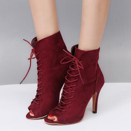 Veooy Peep Toe Stiletto High Heel Ankle Boots Lace..