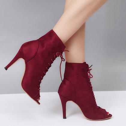 Veooy Peep Toe Stiletto High Heel Ankle Boots Lace..