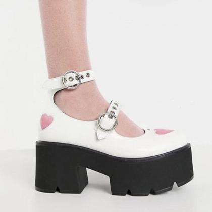 Veooy Patent Pink Heart Double Buckle Platform..