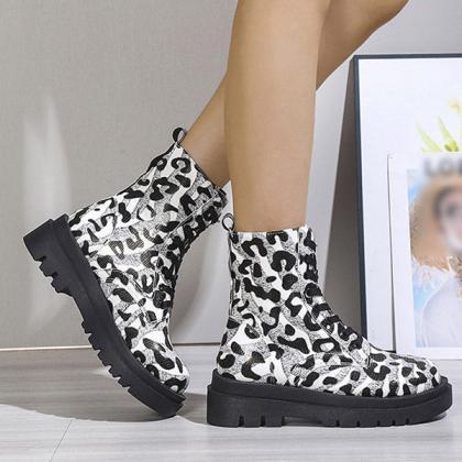Veooy Lace-up Front Leopard Round Toe Block Heel..