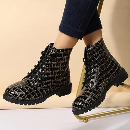 Veooy Fashion Grid Lace-up Round Toe Thick Soled..