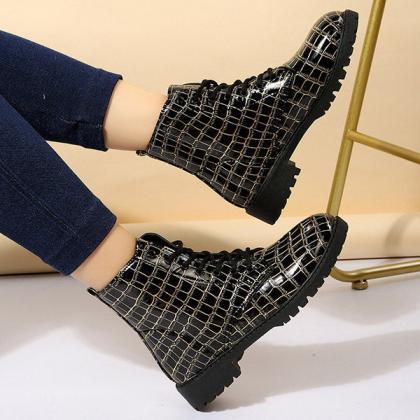 Veooy Fashion Grid Lace-up Round Toe Thick Soled..
