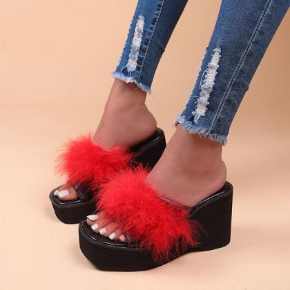 Veooy Square Toe Wedge Platform Fur Slippers