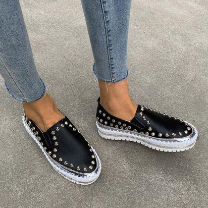 Veooy Fashion Rivet Rhinestone Thick Sole Loafers