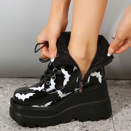Veooy Women Black Platform Lace-up Motorcycle..