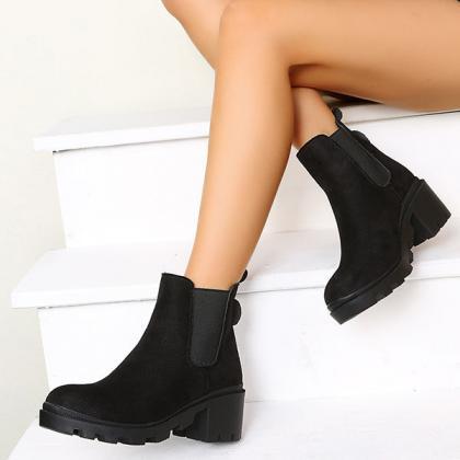Veooy Black Chelsea Lug Sole Ankle Boots Pull On..
