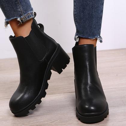 Veooy Faux Leather Chelsea Chunky Heel Ankle Boots..