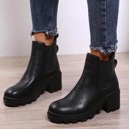 Veooy Faux Leather Chelsea Chunky Heel Ankle Boots..