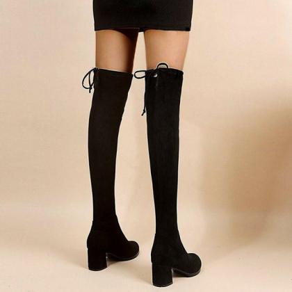 Veooy Black Stretchy Over The Knee Boots Chunky..