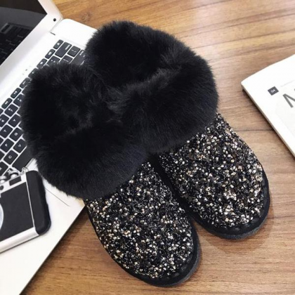 Veooy Faux Fur Sequin Flat Ankle Boots Side Zipper..
