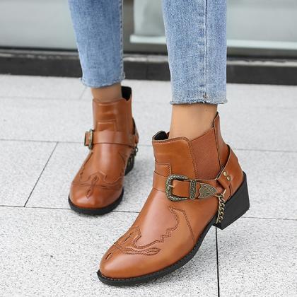 Veooy Vintage Embroidered Metal Buckle Ankle Boots