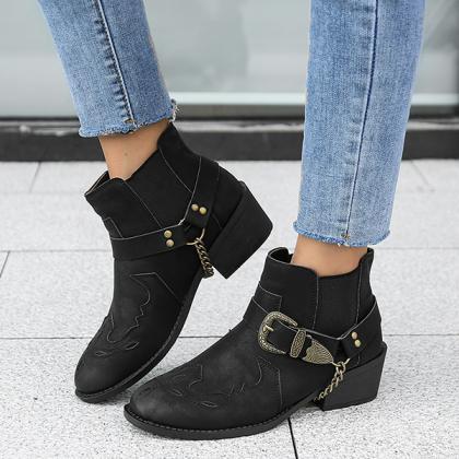 Veooy Vintage Embroidered Metal Buckle Ankle Boots