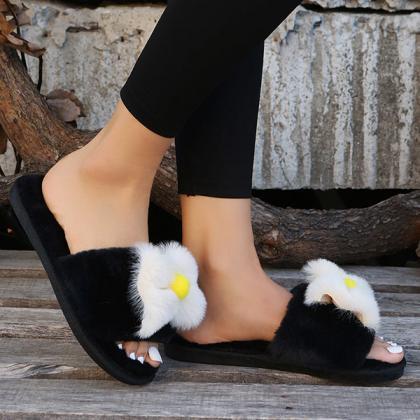 Veooy Round Toe Fur Bownot Flat Slippers