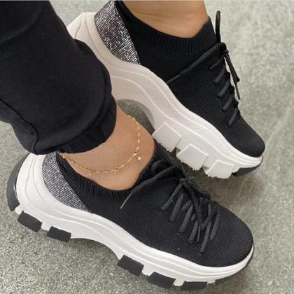 Veooy Knit Colorblock Wedge Lace-up Sneakers