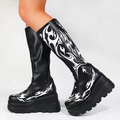 Veooy Punk Print Platform Soft Leather Tall Boots
