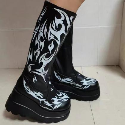 Veooy Punk Print Platform Soft Leather Tall Boots