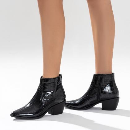Veooy Black Western Ankle Boots Side Zipper Chunky..