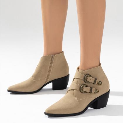 Veooy Buckle Side Zipper Ankle Boots Pointed Toe..