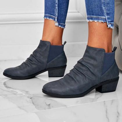 Veooy Round Toe Ruched Booties Stacked Block Heel..