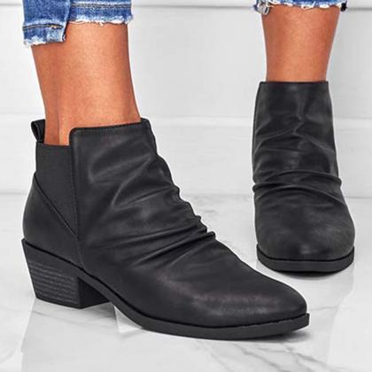 Veooy Round Toe Ruched Booties Stacked Block Heel..
