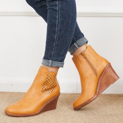 Veooy Hollow Ankle Boots Closed Toe Stacked Wedge..