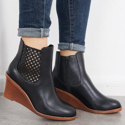 Veooy Hollow Ankle Boots Closed Toe Stacked Wedge..