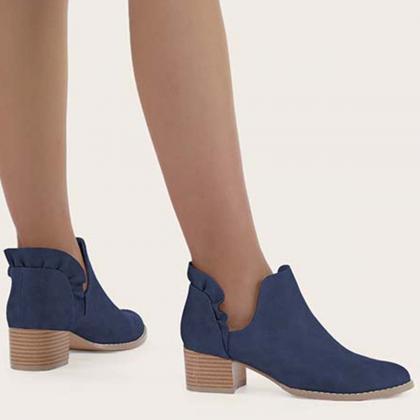 Veooy Ruffle Cutout Ankle Boots Slip On Chunky..