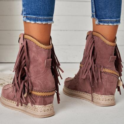 Veooy Tassel Cowboy Ankle Boots Stone Washed Wedge..
