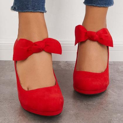 Veooy Thick Heel Pumps Bowknot Round Toe Ankle..
