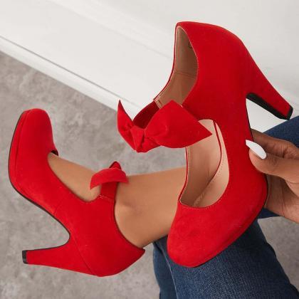 Veooy Thick Heel Pumps Bowknot Round Toe Ankle..