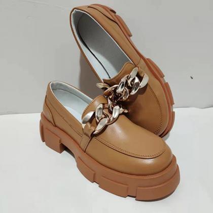 Veooy Metal Chain Colorblock Platform Pu Loafers