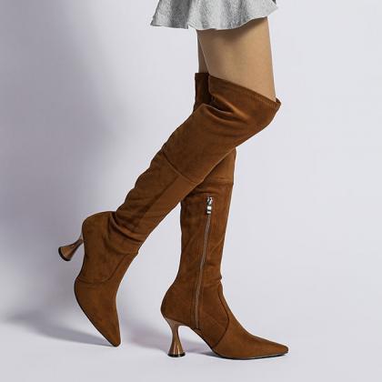 Veooy Pointed Toe High Heeled Suede Over The Knee..