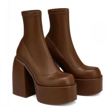 Veooy Platform Block High Heeled Ankle Boots