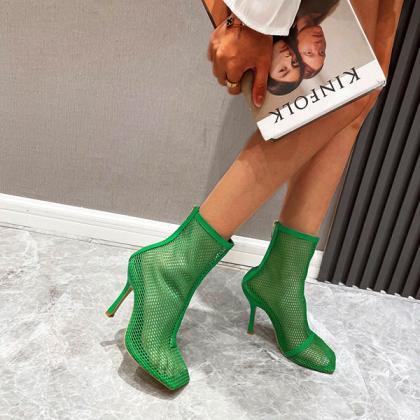 Veooy Fashion Mesh Square Toe High-heeled Boots
