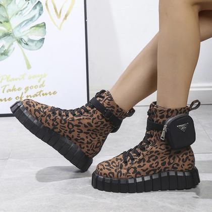Veooy In Round Toe Leopard Print Lace-up Booties
