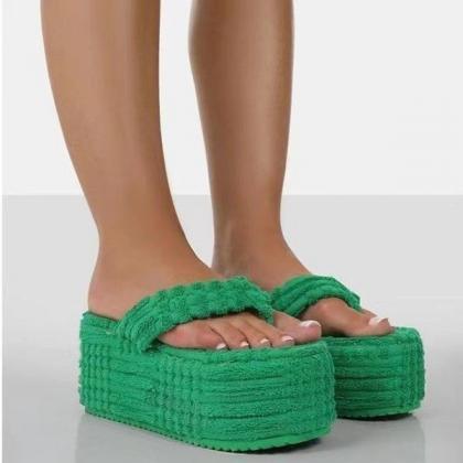 Veooy Terry Towelling Platform Furry Warm Slippers