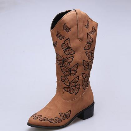 Veooy Butterfly Embroidered Pull-on Knight Boots