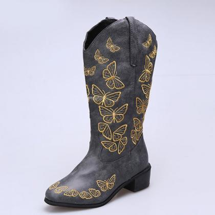 Veooy Butterfly Embroidered Pull-on Knight Boots
