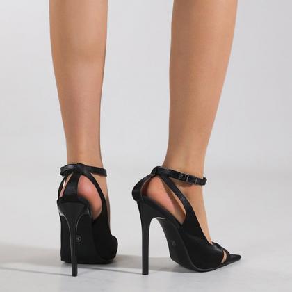 Veooy Pointed Toe Satin Hollow-out Buckle High..