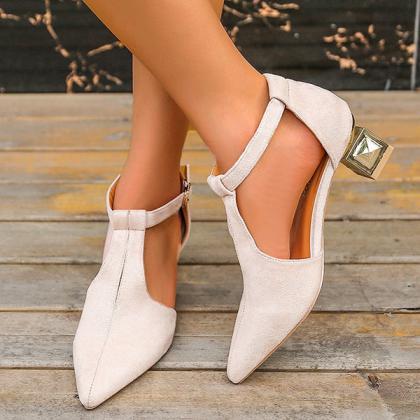 Veooy Pointed Toe T Strap Suede Low Heels
