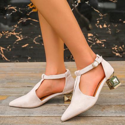 Veooy Pointed Toe T Strap Suede Low Heels