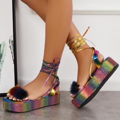 Veooy Glitter Open Toe Lace Up Platform Heel Ankle..