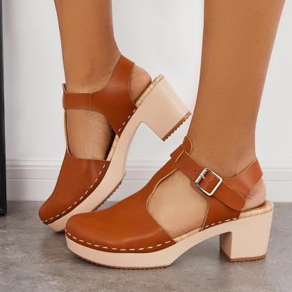 Veooy Brown Chunky Platform Heel Clogs Ankle Strap..