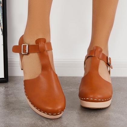 Veooy Brown Chunky Platform Heel Clogs Ankle Strap..