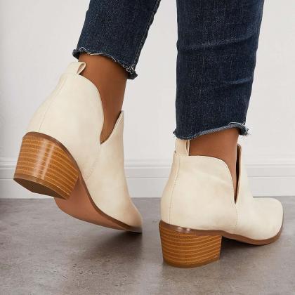 Veooy Cut Out Ankle Western Boots Chunky Heeled..