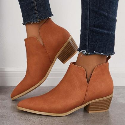 Veooy Cut Out Ankle Western Boots Chunky Heeled..